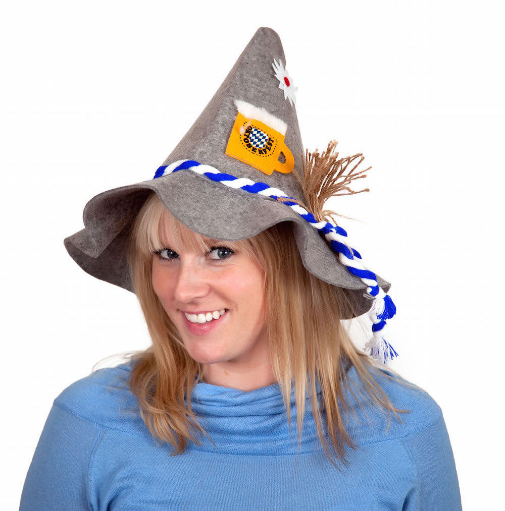 Oktoberfest Gray Felt Pointed Tip Hat with Pigtails